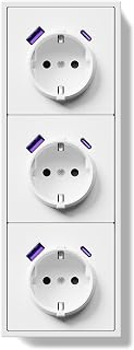 Schuko Steckdose mit USB/Typ C 20W, Unterputz EU-Standard Steckdosen, Wandsteckdose mit PC Rahmen, 80 * 220mm inzelsteckdose mit Krallen, Einfache Installation, 3 Fach Weiß