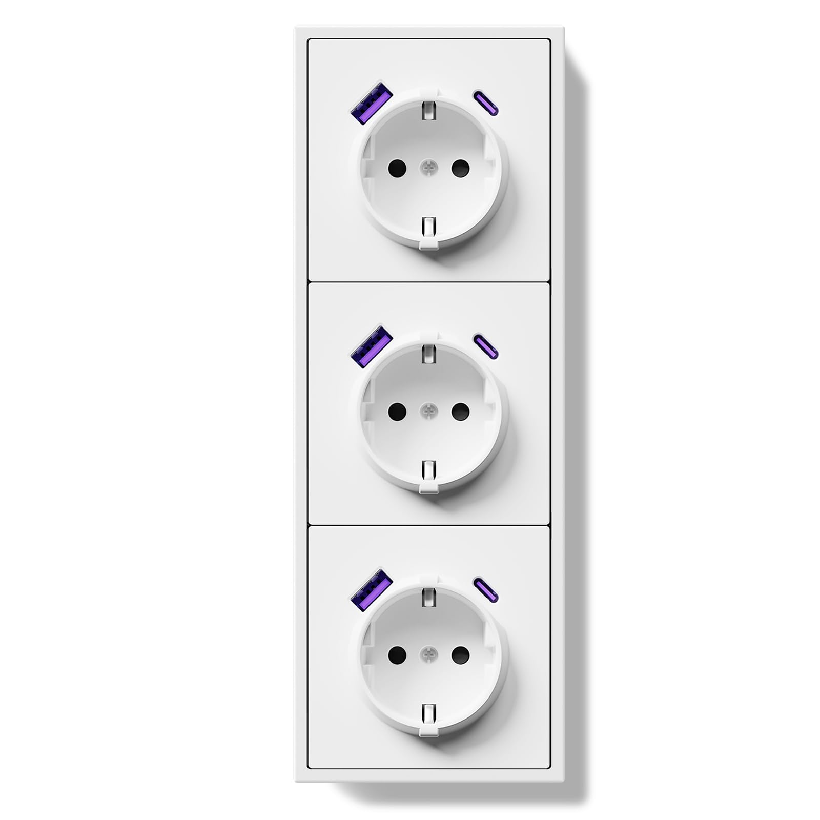 BSEED Schuko Mehrfachsteckdose Unterputz mit USB C 20W, Wandsteckdose 16Amp mit PC Rahmen, Dreifach Steckdose mit Krallen, 3 Fach Weiß