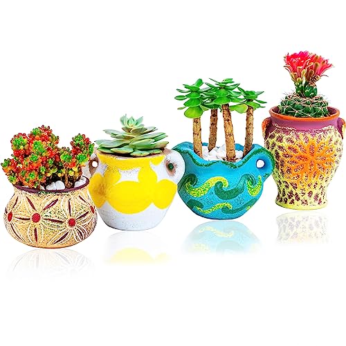 Melphoe 3.16~3.86 Inch Succulent Pots Small Plant Pot Ceramic Mini Flower Pot Succulent Planter With Drainage, Mediterranean Style Clay Pots For Cactus, Indoor Plants, 4Pack #TOP14