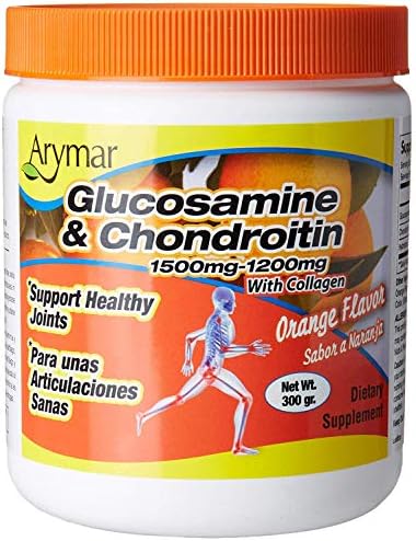 Arymar Glucosamine & Chondroitin Powder 1500mg-1200mg with Collagen Orange Flavor Support Healthy Joints, Orange, Orange, 300 Gram, X-Large