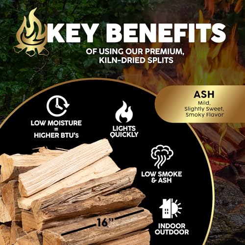 Firewood Central Kiln-Dried PA Ash – 16” Splits (Approx. 38 lb) – Mild Smoking Wood for Cooking, Grilling, BBQ & Campfires – Easy Light, Low Smoke, USA-Sourced