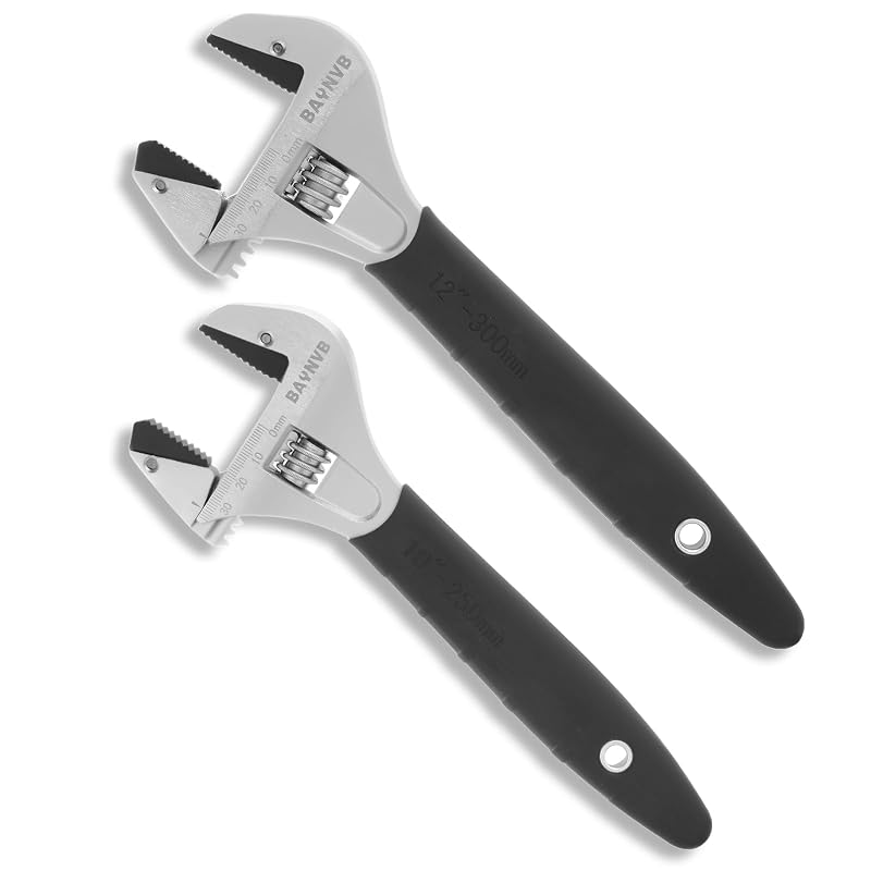Kit de Chaves Ajustáveis BAUNVB com Mandíbula Serrilhada Autotravante, 25,4 cm e 30,5 cm, Abertura de 30 mm e 43 mm, Aço Cromo-Vanádio, Preto, Conjunto com 2 peças