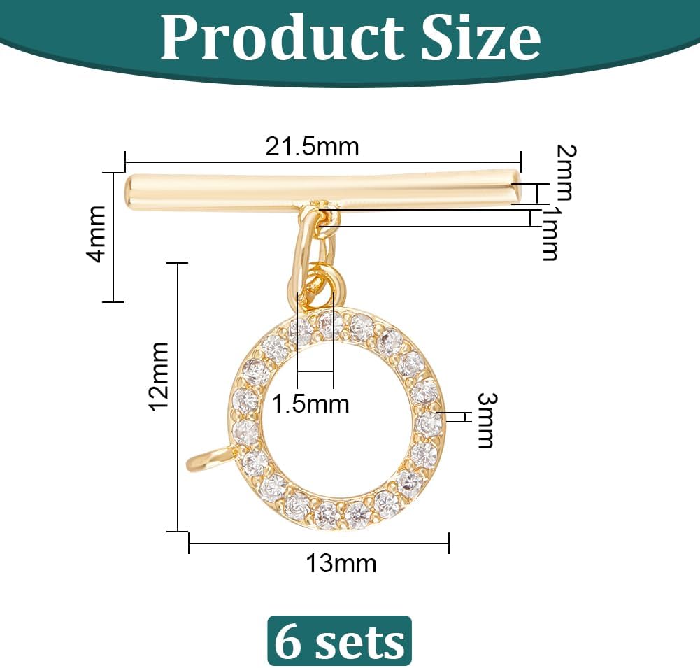 BENECREAT 6 Sets Real 18k Gold Plated Cubic Zirconia Toggle Clasps, Brass Micro Set Clear Cubic Zirconia Toggle Clasps for Making Necklace Bracelet and Other Jewelry