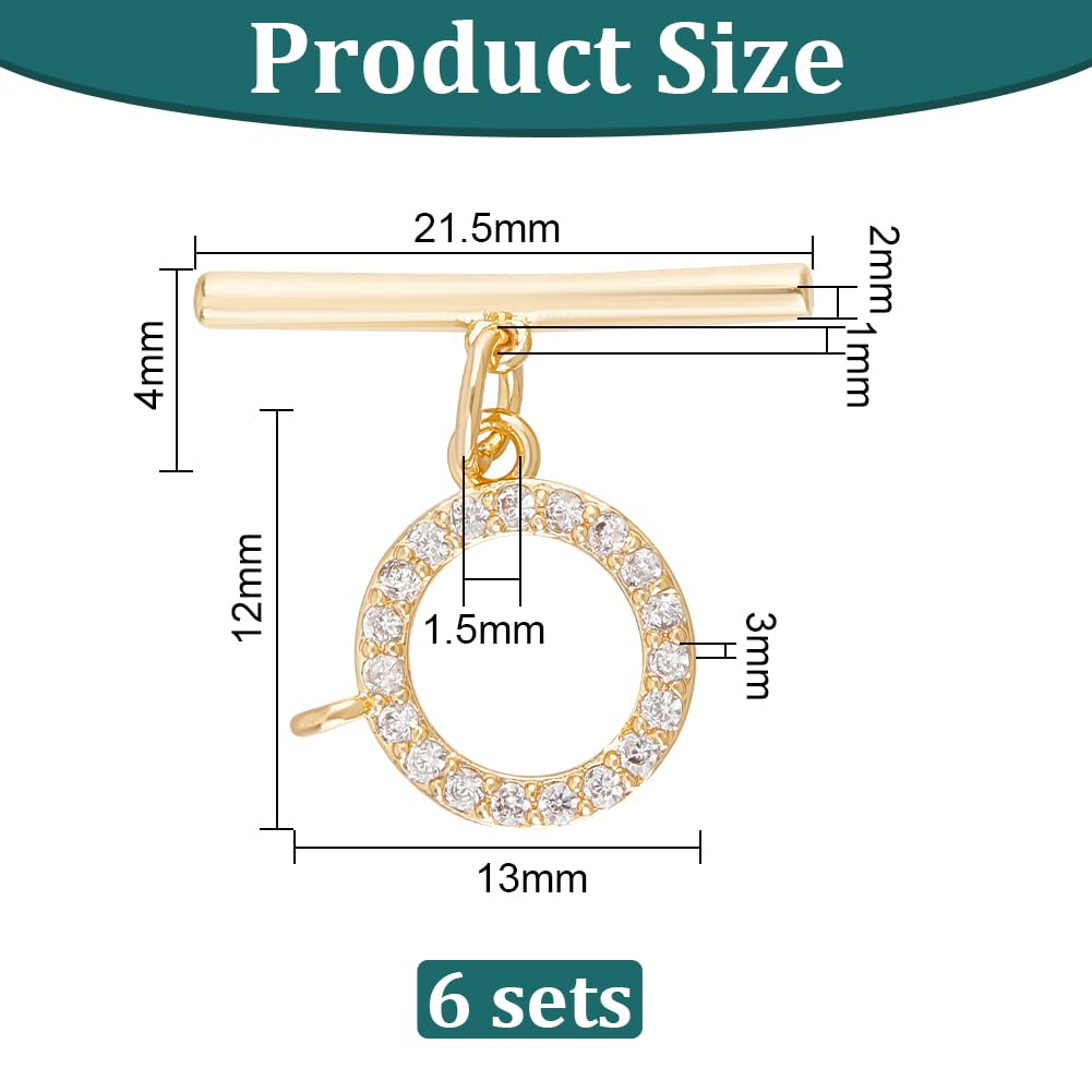 BENECREAT 6 Sets Real 18k Gold Plated Cubic Zirconia Toggle Clasps, Brass Micro Set Clear Cubic Zirconia Toggle Clasps for Making Necklace Bracelet and Other Jewelry