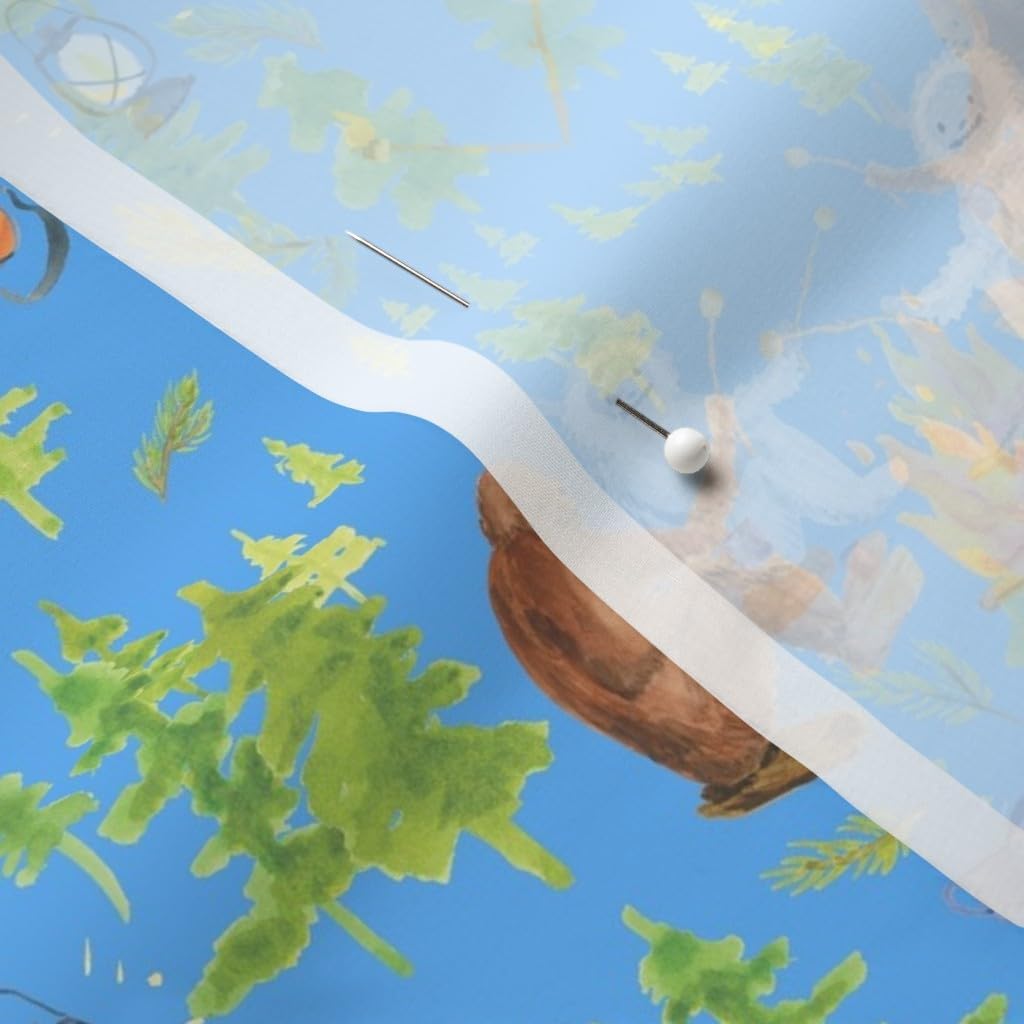 Spoonflower Fabric - Camping Trip Polar Blue Bigfoot Sasquatch Snowman Woods Campfire Trees Printed on Chiffon Fabric by The Yard - Sewing Fashion Apparel Dresses Home Decor