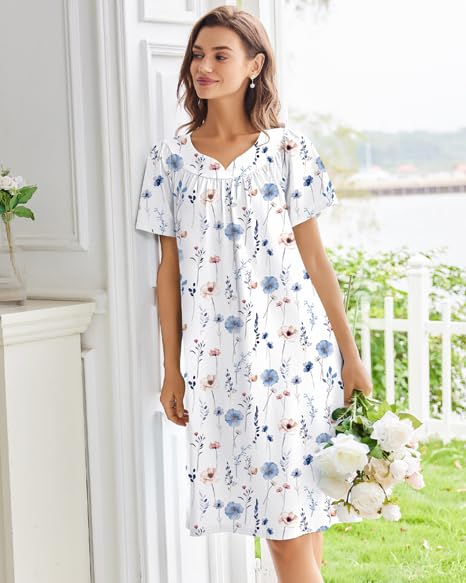 Image of Ekouaer Moo Moos for Women House Dress With Pockets Cotton Nightgowns Short Sleeve Night gowns Embroidered Mumu Dress