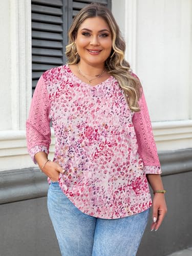 Chulianyouhuo Plus Size Tops for Women 3/4 Lace Sleeve V Neck Tee Shirt | Comfy Plus-Size Top, Summer Casual Loose Fit Blouse Basic Tees, Solid & Floral Print, 2026 Fall Outfits, Travel Daily Wear — view 5
