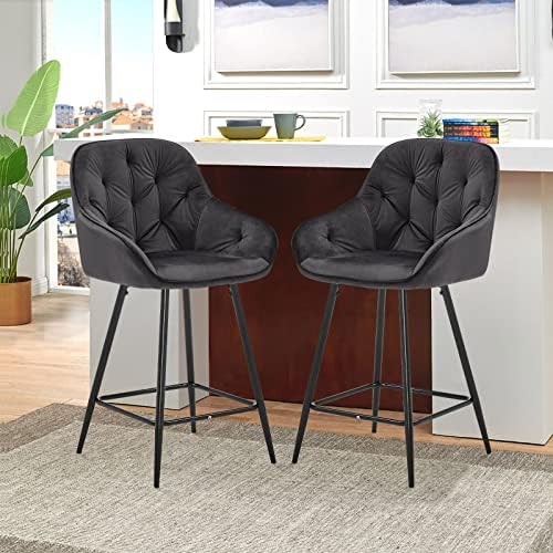 LEMROE Velvet Barstools Set of 2 with Backrest and Armrest Kitchen Bar Stools Upholstered for Breakfast Counter Barstool Soft Home Furniture (Black, Seat Height-64cm)