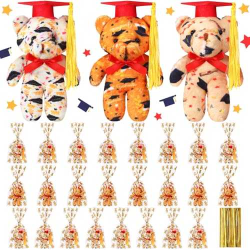 Lunmon 24 Set Mini Graduation Plush Bear with Gift Bag Grad Stuffed Animal Bear with Graduation Hat Class of 2026 Mini Animal for Grad Party Supplies, 4 Inch(Red)