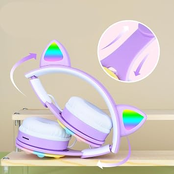 PSR Aksesuar B30 Bluetooth Kulaklık | RGB LED Işıklı Kedi Kulağı Tasarım, Pop It Kulaklık Yüzeyi, Katlanabilir ve Ayarlanabilir Kablosuz Kulak Üstü Kulaklık (Pembe)