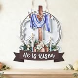 Easter He is Risen Wooden Wall Hanging, Easter Wreath for Front Door Sign, Wood Religious Ornament for Christian Decor, Resurrection Wall Hanging with Cross, Lily, Candle for Home, Church Decor