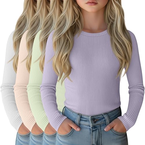 Image of 4 Pack Girls Long Sleeve Shirts Ribbed Knit Cotton Crewneck Tops Slim Fit Soft Casual Kids Base Layer Undershirts