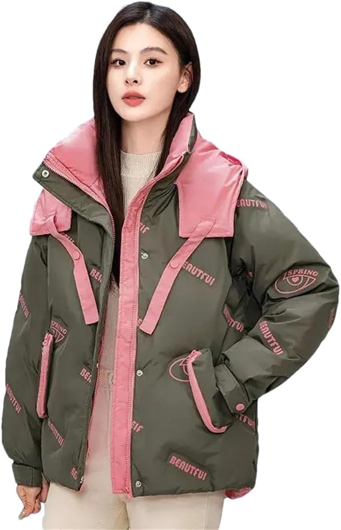 Women Loose Warm Thicken Bread Coat Hooded Jacket Parkas Tops Printed Letters Down Padded Jacket