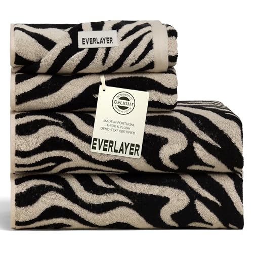 S - Ultra Soft, Thick And Plush Luxury 4 Pieces Set, 2 Hand Towels + 2 Bath Towels, 550 Gsm, 100% Combed Cotton, Made In Portugal, Perfect For Home And Bathroom (zebra - Black Allover)