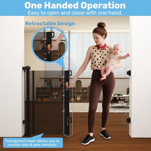 Retractable Baby Gates for Stairs & Doorways - 71” Wide Mesh Safety Gate for Toddlers, Dog & Pets - Use for Indoor/Outdoor, Hallways, Deck, Porch - Easy Installation, Secure Closure (Black)