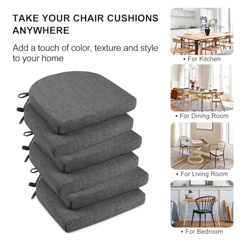 Image of Wellsin Chair Cushions for Dining Chairs 6 Pack - Kitchen Chair Cushions with Ties and Non-Slip Backing - Dining Chair Pads 16 inchX16 inchX2 inch, Dark Gray