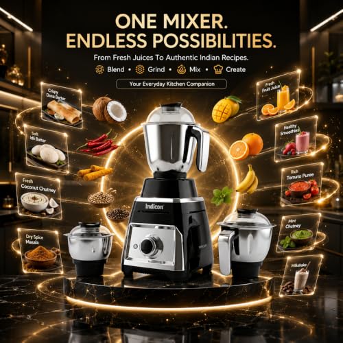 Image of indicon Thar 1HP (1000 Watts) Mixer Grinder, 3 Jars, Black | Heavy Duty Copper Motor for Grinding, Blending & Mixing | Stainless Steel Blades, Multi-Speed, Durable Kitchen Power Tool (Black)