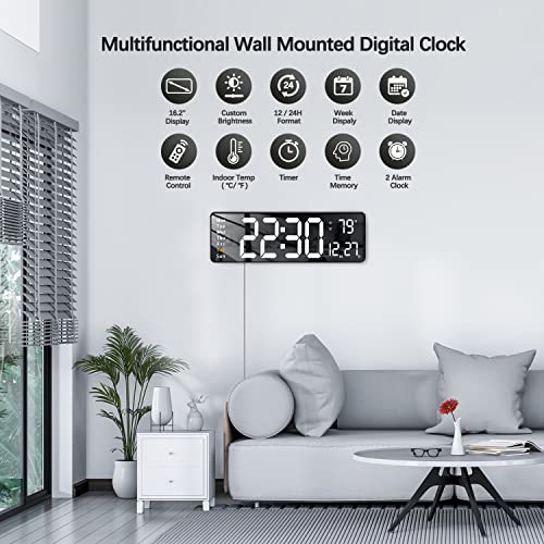 Image of JoFomp Digital Wall Clock - Large 16 Inch LED Display, Remote Control, Alarm Clock, Automatic Brightness, Date, Week, Timer, Temperature - 12 /24H - Wall Mount for Home, Office (White)