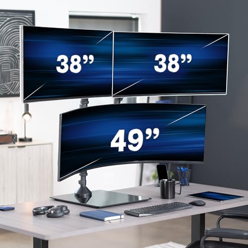 Image of VIVO Pneumatic Arm Triple Ultrawide Monitor Desk Stand for Up to 49 inch Screens with Tempered Glass Base, Holds 3 Ultra Wides Up to 33 lbs Each, Black, STAND-V300FG