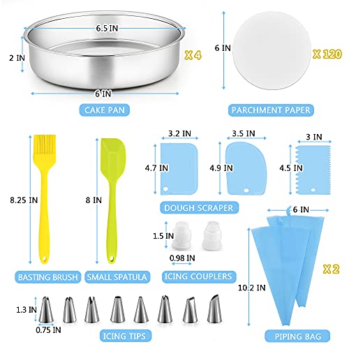 E-Far 6 Inch Cake Pan Set Of 4, Stainless Steel Round Cake Pans Tins With Decorating Supplies, Round Baking Pans With Parchment Paper Icing Tips Spatula Scrapper, Non-Toxic & Healthy, Dishwasher Safe #TOP1