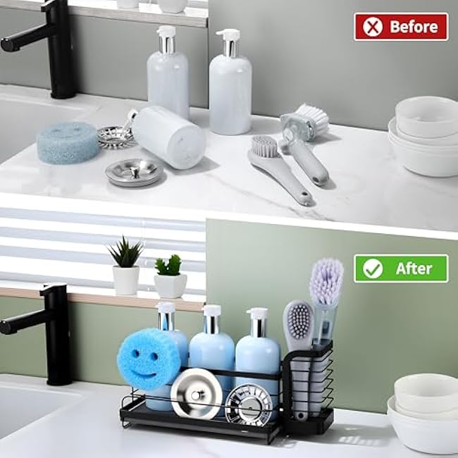 Sink Organizer with Drying Stone, Instant Dry Sink Caddy Organizers, Kitchen Sponge Soap Holder Dispenser, Countertop Fast Drying Counter Tray Rack