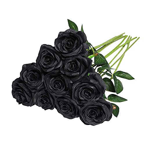 HAOSHICS 9 piezas de flores artificiales de seda negra rosa falsa ramo de rosas negras para centros de mesa, mesa de comedor, oficina en casa, arreglos de fiesta de boda (9 piezas individuales) Cover