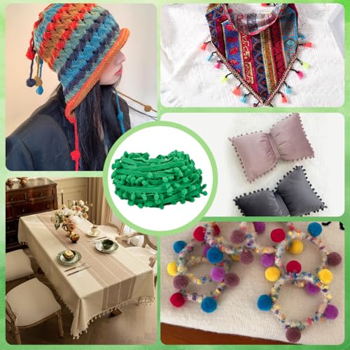 CABODYALS 20 Yards Green Pom Poms Pibbon Fringe Trim Floral Edges Tassel Christmas Garland Decorative Pompoms Fuzzy Lace Ruffle Weave Wreath Ribbon for Sewing Making Pillow Crafts Clothes Home Decor