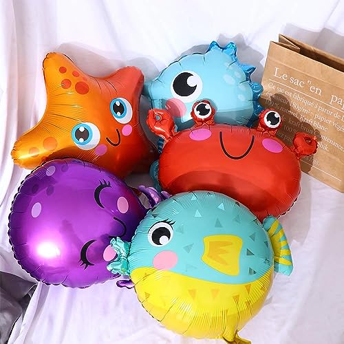 Image of Atpata Funky 5pcs Aquatic Theme Foil Balloons Set - Starfish, Seahorse, Octopus, Crab, and Fish Shapes - For Underwater Ocean Party Decorations for unisex Kids Birthday Celebrations