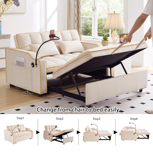 Image of Convertible Sofa Bed, 3 in 1 Futon Sofa Bed with USB Charging Ports, Cup Holder, Phone Stand & Pocket, Modern Upholstered Sleeper Sofa for Living Room, Apartment or Small Space (Beige-L)