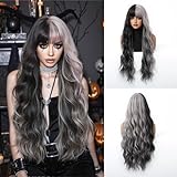 Aecaeceo Silver Grey Black Highlighted Wig Long Wavy Wig with Bangs Synthetic Wigs for Women Cosplay Wig Natural Hair Replacement Wigs Long Split Dye Wigs for Girls Daily Party Use 30 Inches