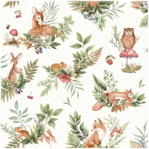 Image of YöL Forest Friends Cream Multi Wallpaper - 10.05m x 53cm Roll - Kids Bedroom Nursery Feature Wall - Washable Paste The Paper - Soft Blue Whimsical Animal Theme