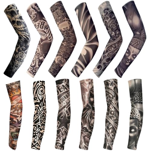Kemay 12 Pieces Tattoo Sleeves for Men & Women, UV Sun Protection Arm Sleeves, Elastic Cooling Compression Gaming Sleeves, Realistic Fake Tattoo Cover