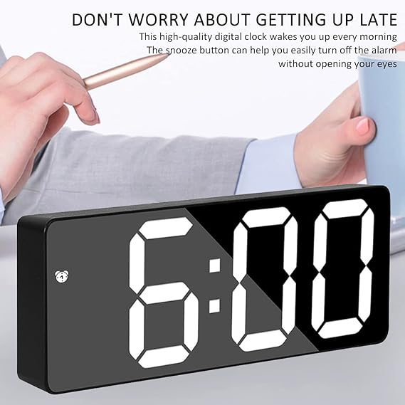 Simplicity Digital Alarm Clock LED Display 6.3 LED Mirror Clock with Snooze Time Date Temperature Display Time Memory Function 3 Brightness Adjustable USB/Battery Powered
