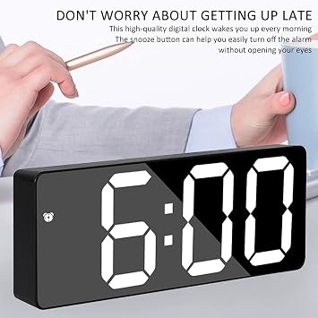 Simplicity Digital Alarm Clock LED Display 6.3 LED Mirror Clock with Snooze Time Date Temperature Display Time Memory Function 3 Brightness Adjustable USB/Battery Powered