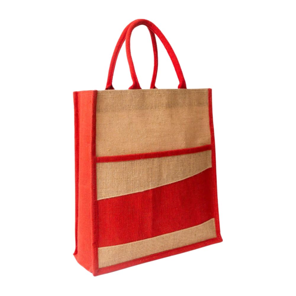 A GOLDEN FIBER Handmade Multipurpose Resuable Jute Bag/Totes For Men & Women (Natural/Red, 14"X16"X5")
