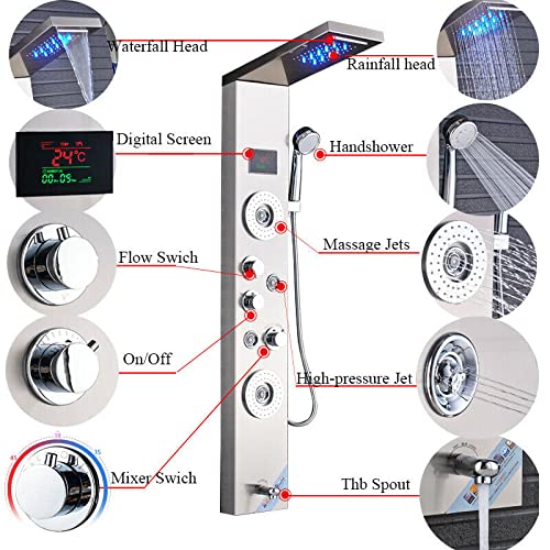 Sistema de Torre de Panel de Ducha de Acero Inoxidable con Cabezal de Ducha LED, Cascada, Ducha de Mano, Jets Corporales, Grifo para Tina y Display de Temperatura miniatura 2