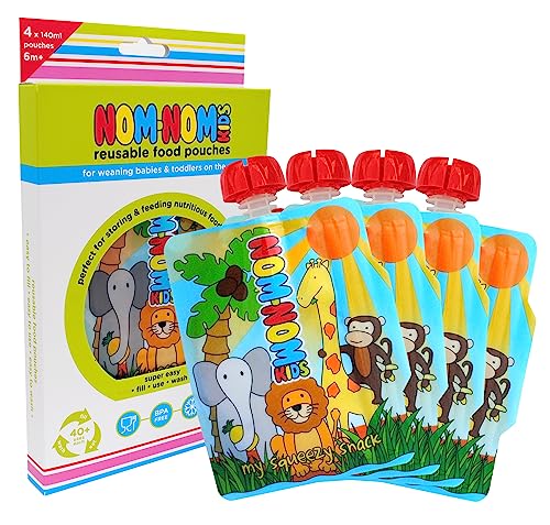 Nom Nom Kids | 4 x Reusable Food Pouches | Baby Food Pouches for Baby weaning | Reusable Yoghurt Pouches | BPA Free | Side Fill | UK Designed