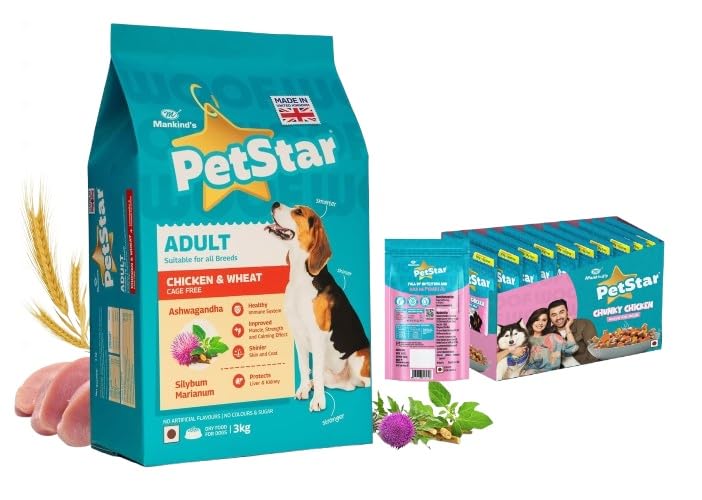 Image of Mankind Petstar Adult Dog Food (High Protein) Combo - Chicken & Wheat 3 kg + Adult Gravy 120g (Pack of 15)