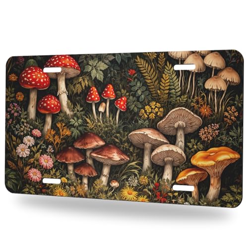 Mushroom Front License Plate Forest Botanical Cottagecore Wildflower Aluminum Decorative License Plates Funny Novelty Vanity Tag Cover 12×6 Inch Car Decor Accessory with 4 Holes for Men Women