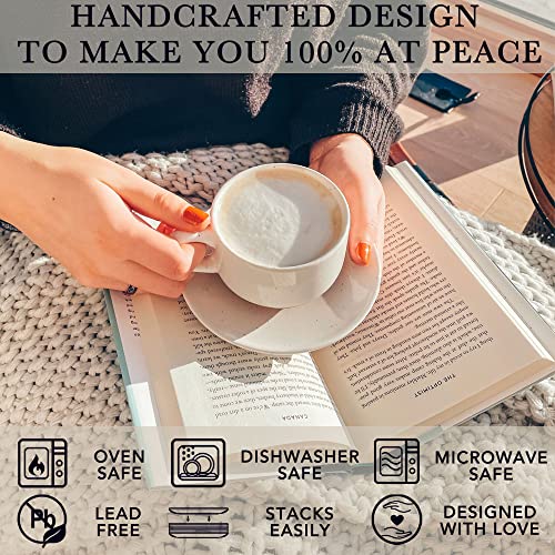 Mora Ceramics 8Oz Cappuccino Mug Set Of 4 - Ceramic Coffee Cups With Saucers - Microwave And Dishwasher Safe, Perfect For Tea, Espresso, Latte - Porcelain Mugs For Kitchen Or Cafe - Vanilla White #TOP2