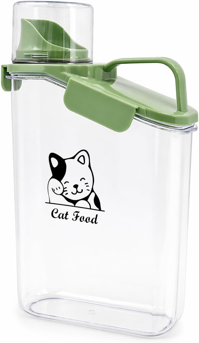 dry cat food container with Measuring Cup & Pour Spout Portable-3 Qt/2.8 L Clear Plastic cat Food Jar Airtight Transparent-Green