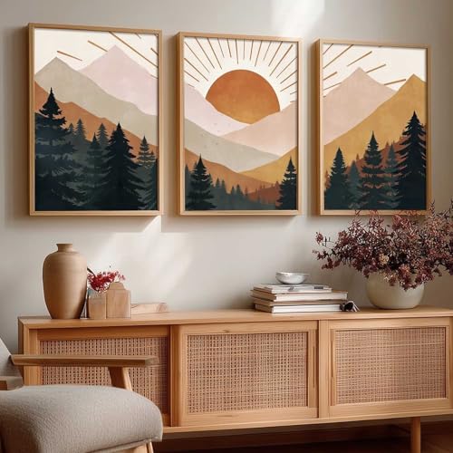 Image of kotart Boho Mountain View Framed Painting | Big Aesthetic Nature Inspired Framed Paintings for Living Room Bedroom Wall Decor Set Of 3 (10X13 inch)
