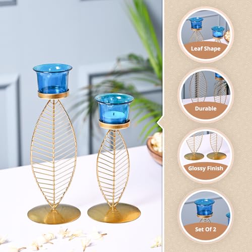 Image of Market99 (2 Votive) Leaf T- Lite Holder Set of 2 | Iron Tealight Holder with Leaf Shape & Blue Color | Glossy Finish Decorative Item for Festive Season and Home Decoration | Leaf Design