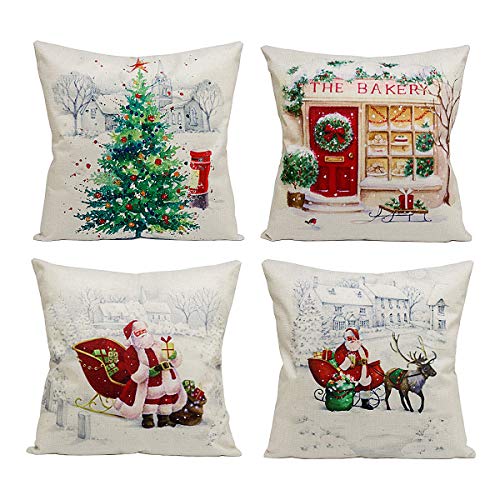 Christmas Decorations Pillow Covers - 4 Pack Xmas Tree Snowman Reindeer Couch Throw Pillow Cases for Merry Christmas Home Sofa Decoration, 18 x 18 Inch