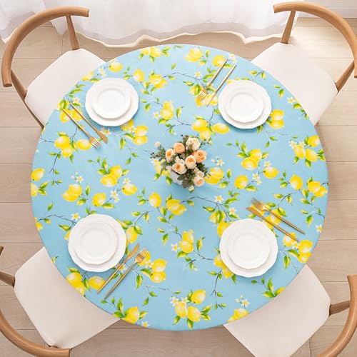 UMINEUX Round Fitted PEVA Vinyl Tablecloth with Elastic Edged & Flannel Backing, Waterproof Wipeable Round Table Cover for Indoor Outdoor Patio Use - Fits Tables up to 45