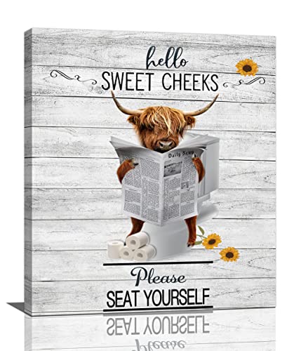 Funny Highland Cow Bathroom Wall Art Highland Cattle Bathroom Wall Decor Cow on Toilet Pictures for Wall Farmhouse Bathroom Sign Please Sit Yourself Canvas Painting Print Artwork Framed Toilet 20"x24"