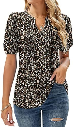 Micoson Womens Casual V Neck Puff Short Sleeve T Shirts Summer Tops Pleated Tunic Blouses Floral Black Large