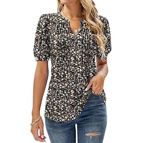 Micoson Womens Casual V Neck Puff Short Sleeve T Shirts Summer Tops Pleated Tunic Blouses Floral Black Large Cover
