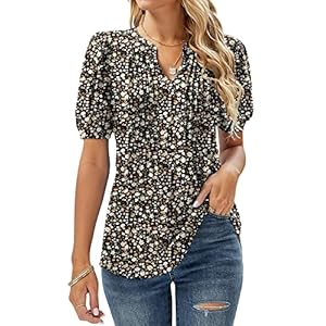 Micoson V Neck Puff Sleeve Pleated T Shirts for Women Fashion Summer Tops Casual Tunic Blouse
