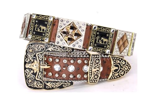 Genuine Leather Belt for Women & Cowboy Big Rhinestone With Engraved Buckle Country Style Gold 5051